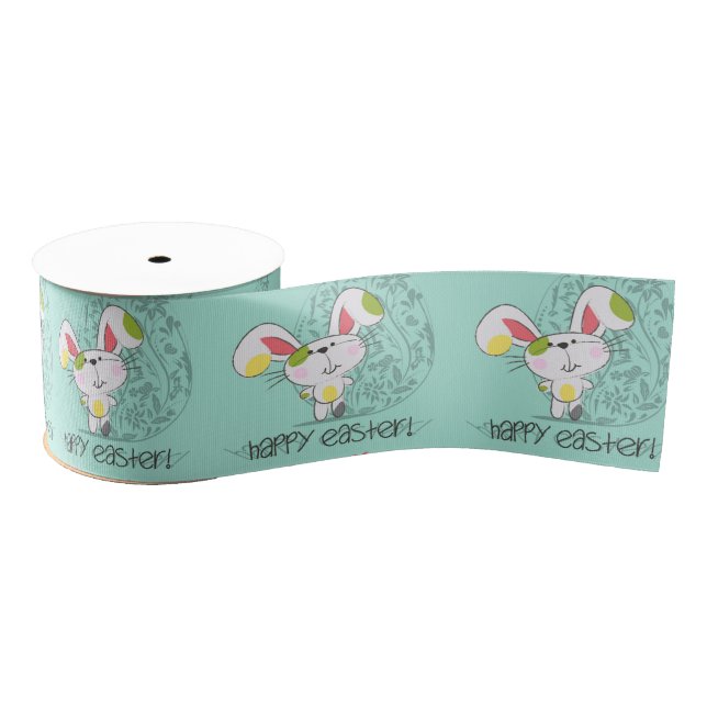 Retro Easter cute cartoon Easter bunny and eggs Grosgrain Ribbon (Spool)