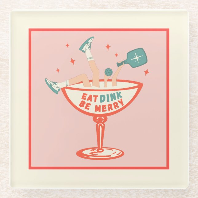 Retro Eat, Dink and Be Merry Pickleball Christmas Glass Coaster (Front)