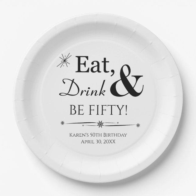 Retro Eat Drink & Be Fifty Throwback 50th Birthday Paper Plate (Front)