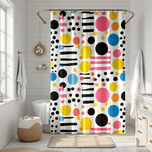 Retro Eclectic Colourful Dots and Lines (Retro Eclectic Colorful Dots and Lines Shower Curtain on a white boho bathroom.)