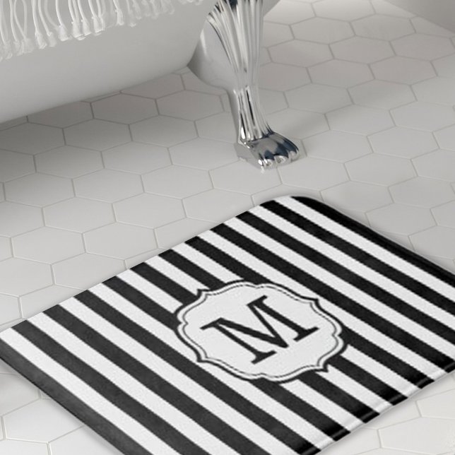 Retro Elagant Personalized Stripe Bath Mat (retro elegant black and white stripe bath mat)