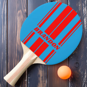 Retro Electric Blue Red Dual Board Stripes / Name Ping Pong Paddle