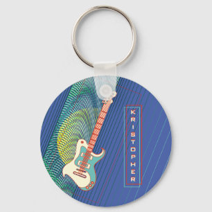 Retro Electric Guitar Cool Blue Personalized Name Keychain