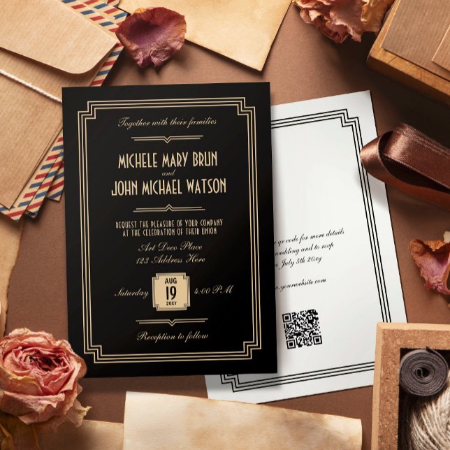 Retro Elegant Black Art Deco QR RSVP Wedding Invitation (Creator Uploaded)