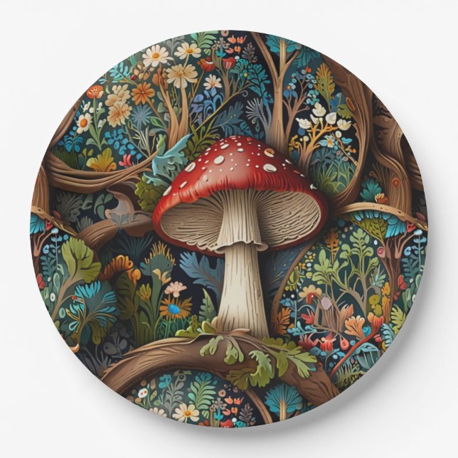Retro elegant bohemian mushroom forest  paper plate (Front)