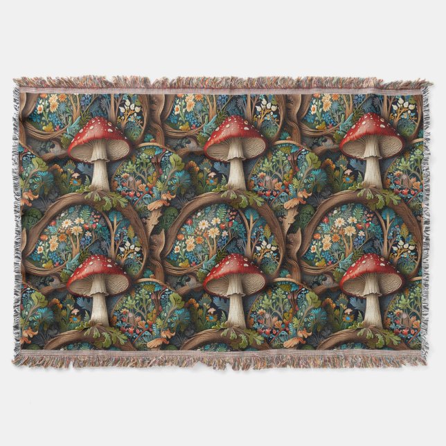 Retro elegant bohemian mushroom forest pattern throw blanket (Front)
