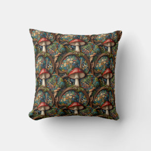 Retro elegant bohemian mushroom forest pattern throw pillow