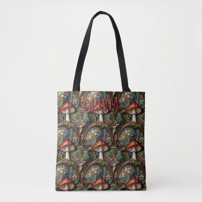 Retro elegant bohemian mushroom forest pattern tote bag (Front)