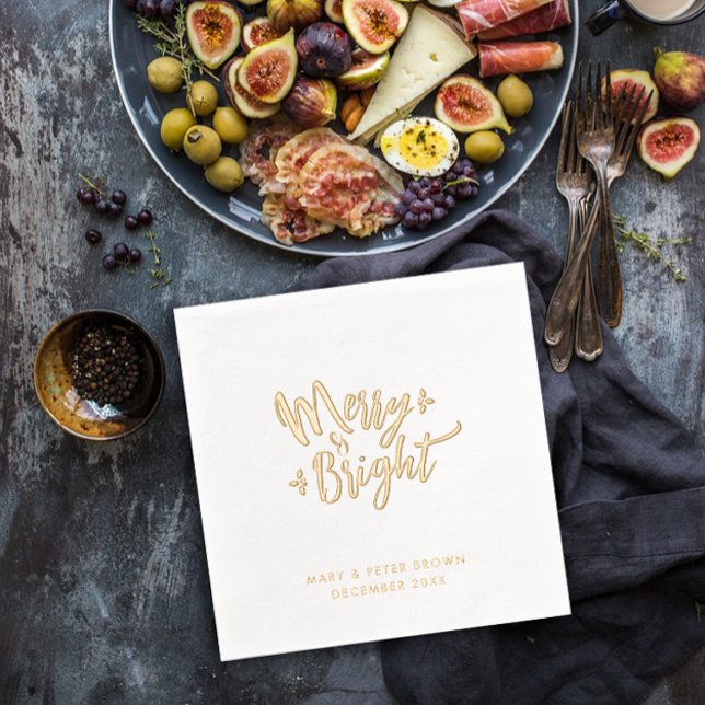 Retro Elegant Merry And Bright Glam Christmas Typo Foil Napkins (Creator Uploaded)