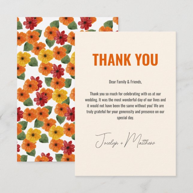 Retro Elegant Modern Floral Orange Thank You Card (Front/Back)