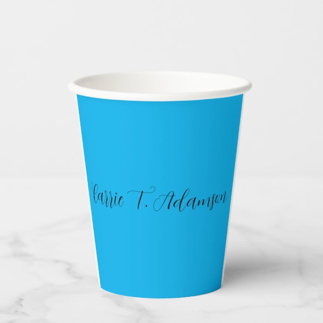 Retro Elegant Plain Sky Blue Calligraphy Name Paper Cups (Front)