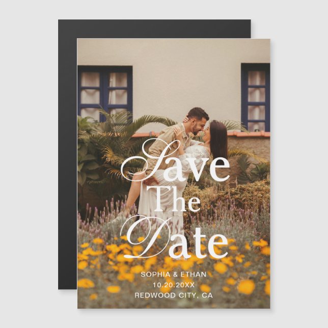 Retro Elegant Script Photo Wedding Save The Date Magnetic Invitation (Front/Back)