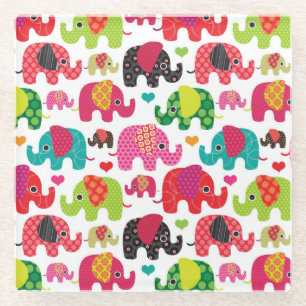 retro elephant kids pattern wallpaper glass coaster