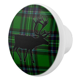 Retro Elk deer green black plaid Ceramic Knob