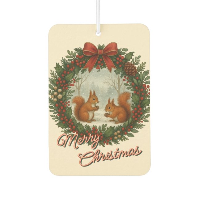 Retro English Holiday Wreath With Cute Squirrels Air Freshener (Front)