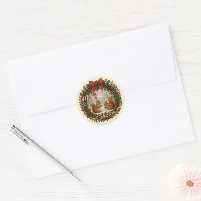 Retro English Holiday Wreath With Cute Squirrels Classic Round Sticker (Envelope)