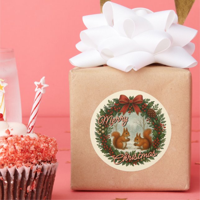 Retro English Holiday Wreath With Cute Squirrels Classic Round Sticker (Party)