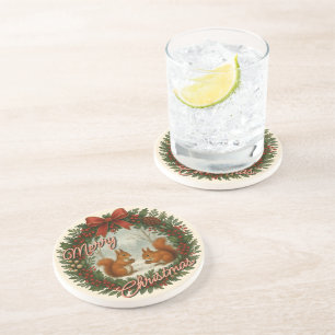 Retro English Holiday Wreath With Cute Squirrels Coaster
