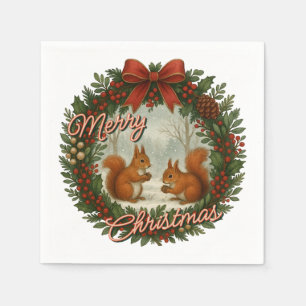 Retro English Holiday Wreath With Cute Squirrels Napkin