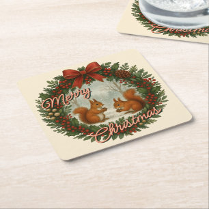 Retro English Holiday Wreath With Cute Squirrels Square Paper Coaster