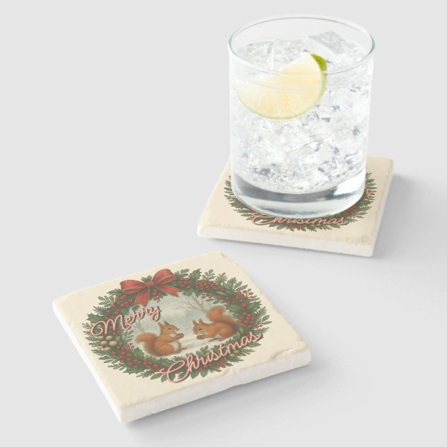 Retro English Holiday Wreath With Cute Squirrels Stone Coaster (Side)
