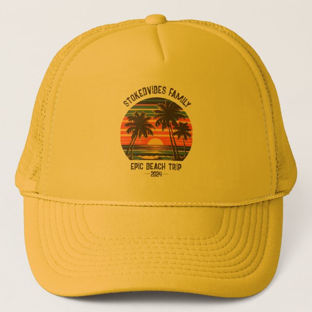Retro Epic Family Beach Trip Personalized Vacation Trucker Hat (Front)