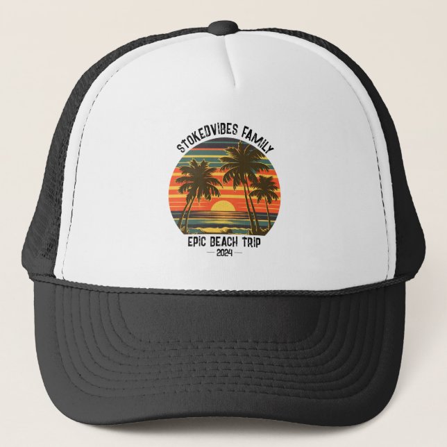 Retro Epic Family Beach Trip Personalized Vacation Trucker Hat (Front)