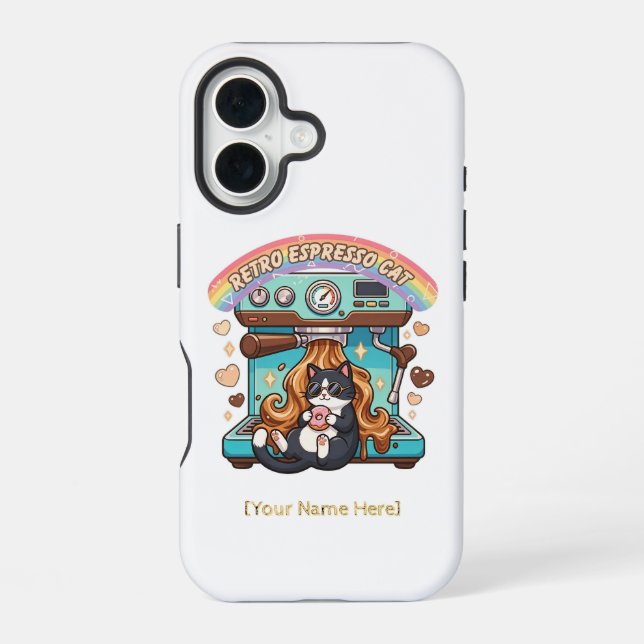 Retro Espresso Cute Cat Coffee Personalized iPhone 16 Case (Back)