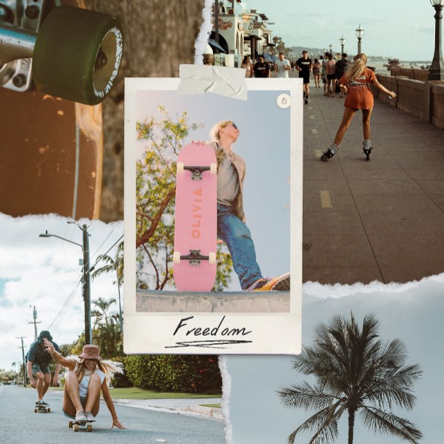 retro esthetic trendy pink and red skateboard (vintage retro aesthetic pink skateboard for her personalised with her name in red)