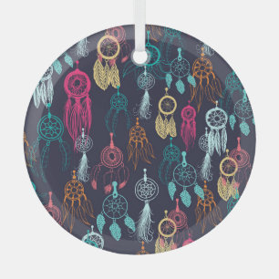 Retro Ethnic Doodle: Dreamcatcher Collection Glass Ornament