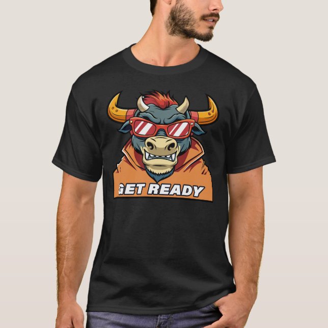 Retro Evil Bull with Sunglasses and Get Ready Text T-Shirt (Front)