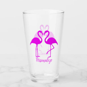 Retro Exotic Pink Flamingo Romantic Heart Design Glass