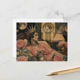 Retro Fairytale Queen and Her Cat in Bed Postcard