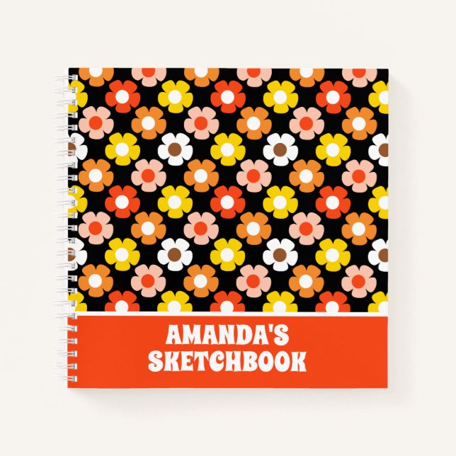 Retro Fall Autumn Flowers Black Kids Sketchbook Notebook (Front)