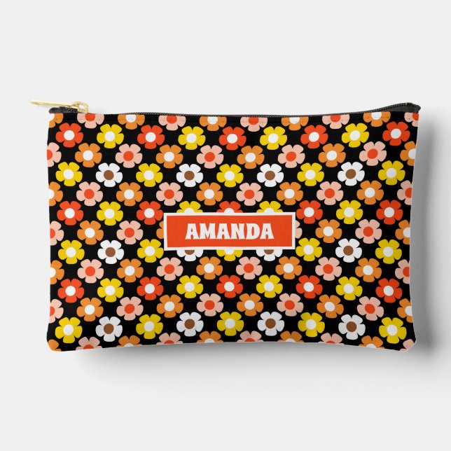 Retro Fall Autumn Flowers Pattern Black Accessory Pouch (Front)