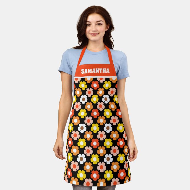 Retro Fall Autumn Flowers Pattern Black Apron (Worn)