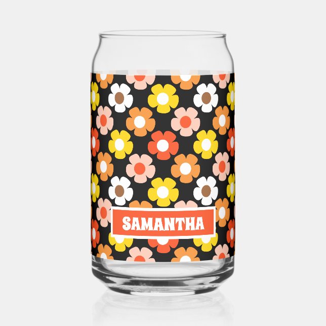 Retro Fall Autumn Flowers Pattern Black Can Glass (Left)