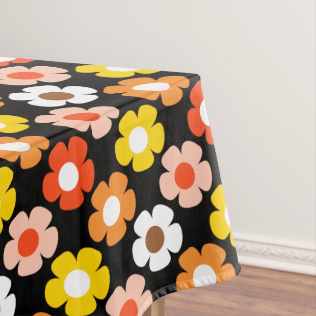 Retro Fall Autumn Flowers Pattern Black Tablecloth (In Situ)