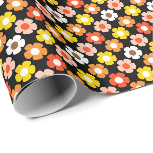 Retro Fall Autumn Flowers Pattern Black Wrapping Paper