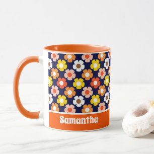 Retro Fall Autumn Flowers Pattern Blue Mug