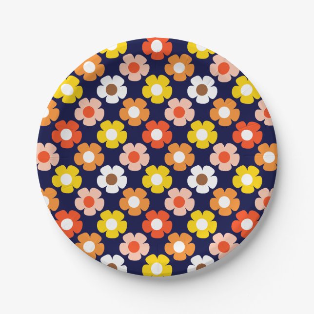 Retro Fall Autumn Flowers Pattern Blue Paper Plate (Front)