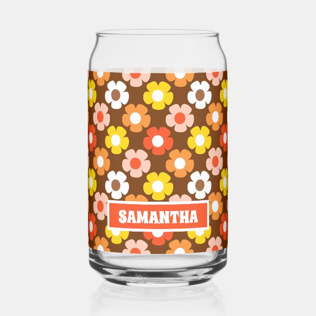Retro Fall Autumn Flowers Pattern Brown Can Glass (Left)