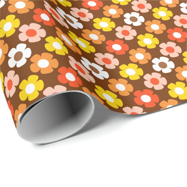 Retro Fall Autumn Flowers Pattern Brown Wrapping Paper (Roll Corner)