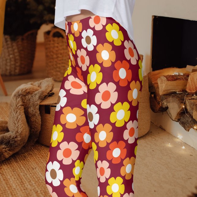 Retro Fall Autumn Flowers Pattern Burgundy Leggings (Creator Uploaded)