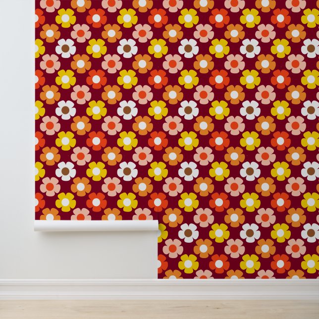 Retro Fall Autumn Flowers Pattern Burgundy Wallpaper (Application)