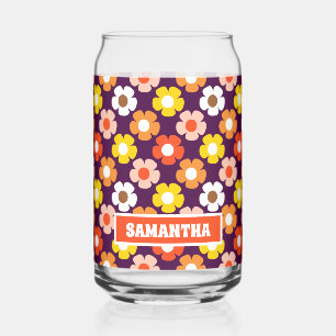 Retro Fall Autumn Flowers Pattern Purple Can Glass