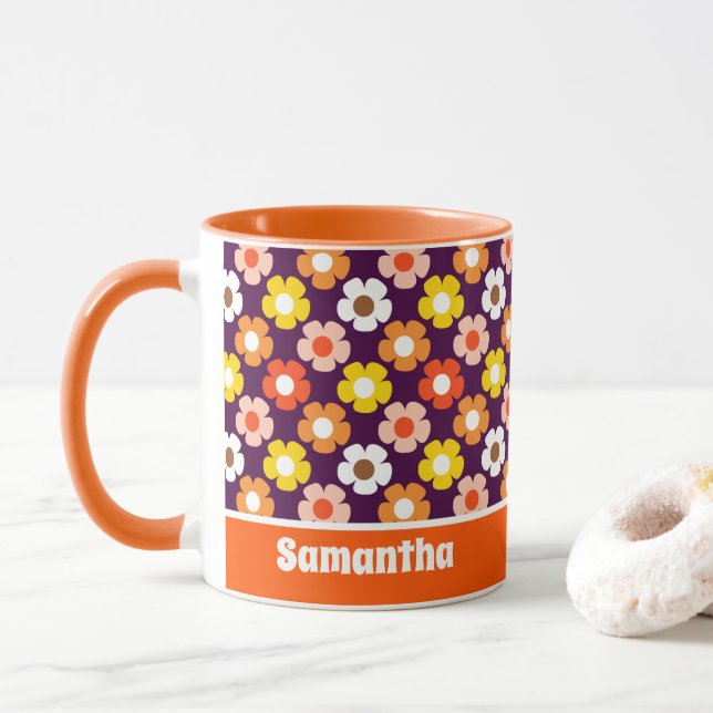 Retro Fall Autumn Flowers Pattern Purple Mug (With Donut)