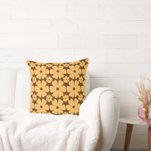 Retro Fall Daisy Floral Pattern Warm Earthy Brown Throw Pillow (Couch)