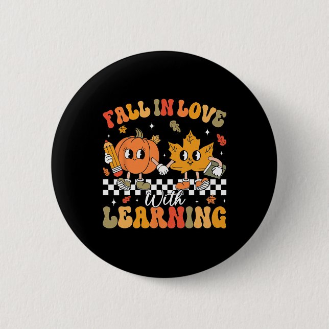 Retro Fall In Love With Learning Autumn Pumpkin Te 2 Inch Round Button (Front)