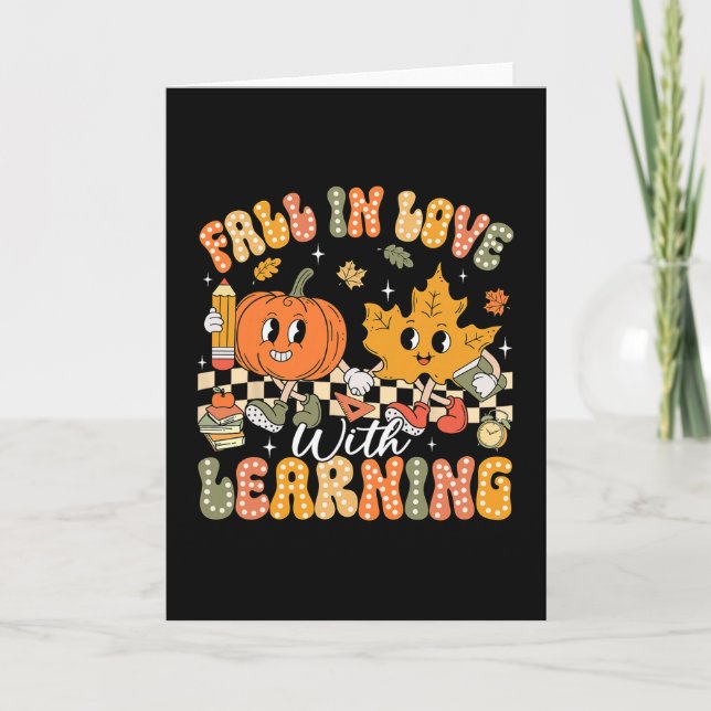 Retro Fall In Love With Learning Autumn Pumpkin Te Card (Front)